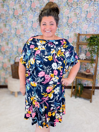 11- Dress/Romp/Jump Nell Boatneck Dress w/Shorts in Floral on Navy plus size clothing