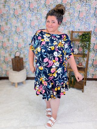11- Dress/Romp/Jump Nell Boatneck Dress w/Shorts in Floral on Navy plus size clothing