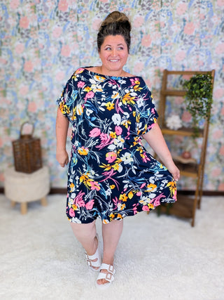 11- Dress/Romp/Jump Nell Boatneck Dress w/Shorts in Floral on Navy plus size clothing