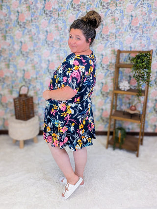 11- Dress/Romp/Jump Nell Boatneck Dress w/Shorts in Floral on Navy plus size clothing