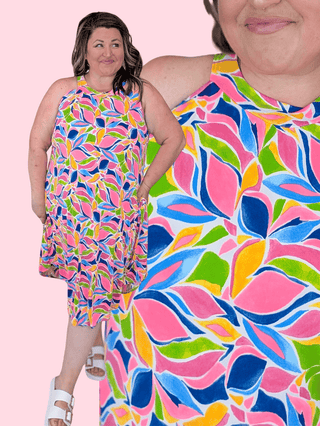 11- Dress/Romp/Jump Nellie Slinky Halter Tank Dress in Bright Mod Print plus size clothing
