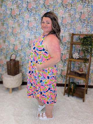 11- Dress/Romp/Jump Nellie Slinky Halter Tank Dress in Bright Mod Print plus size clothing