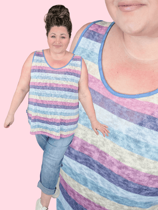 Nicola Scoopneck Stripe Tank Top w/Blue Trim-1- ShortSlv/Slvless Tops-HAPTICS-Styled by Stacked - A Plus Size Women's Boutique in Lakeville, MN