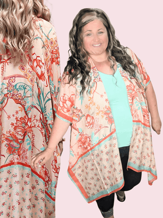Nicole Peach Floral Kimono w/Ditsy Floral Border-4- Overlayer Tops-urbanista-Styled by Stacked - A Plus Size Women's Boutique in Lakeville, MN