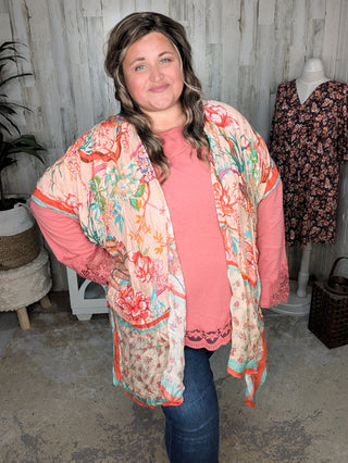 Nicole Peach Floral Kimono w/Ditsy Floral Border-4- Overlayer Tops-urbanista-Styled by Stacked - A Plus Size Women's Boutique in Lakeville, MN