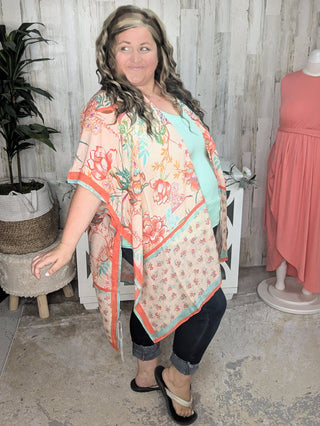 Nicole Peach Floral Kimono w/Ditsy Floral Border-4- Overlayer Tops-urbanista-Styled by Stacked - A Plus Size Women's Boutique in Lakeville, MN