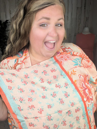 Nicole Peach Floral Kimono w/Ditsy Floral Border-4- Overlayer Tops-urbanista-Styled by Stacked - A Plus Size Women's Boutique in Lakeville, MN