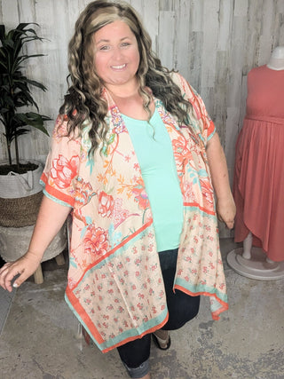 Nicole Peach Floral Kimono w/Ditsy Floral Border-4- Overlayer Tops-urbanista-Styled by Stacked - A Plus Size Women's Boutique in Lakeville, MN