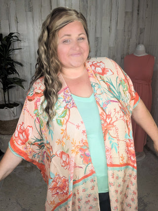 Nicole Peach Floral Kimono w/Ditsy Floral Border-4- Overlayer Tops-urbanista-Styled by Stacked - A Plus Size Women's Boutique in Lakeville, MN