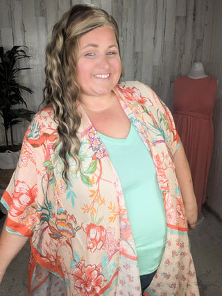 Nicole Peach Floral Kimono w/Ditsy Floral Border-4- Overlayer Tops-urbanista-Styled by Stacked - A Plus Size Women's Boutique in Lakeville, MN