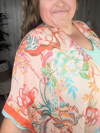Nicole Peach Floral Kimono w/Ditsy Floral Border-4- Overlayer Tops-urbanista-Styled by Stacked - A Plus Size Women's Boutique in Lakeville, MN