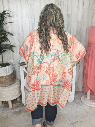 Nicole Peach Floral Kimono w/Ditsy Floral Border-4- Overlayer Tops-urbanista-Styled by Stacked - A Plus Size Women's Boutique in Lakeville, MN