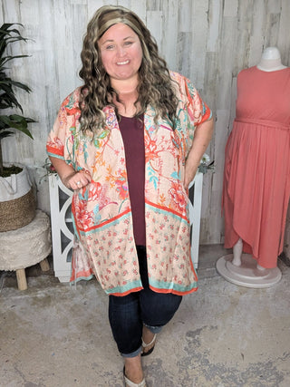 Nicole Peach Floral Kimono w/Ditsy Floral Border-4- Overlayer Tops-urbanista-Styled by Stacked - A Plus Size Women's Boutique in Lakeville, MN