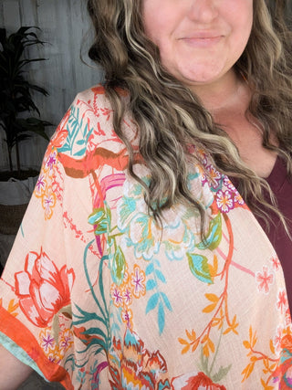 Nicole Peach Floral Kimono w/Ditsy Floral Border-4- Overlayer Tops-urbanista-Styled by Stacked - A Plus Size Women's Boutique in Lakeville, MN
