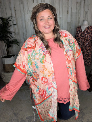 Nicole Peach Floral Kimono w/Ditsy Floral Border-4- Overlayer Tops-urbanista-Styled by Stacked - A Plus Size Women's Boutique in Lakeville, MN
