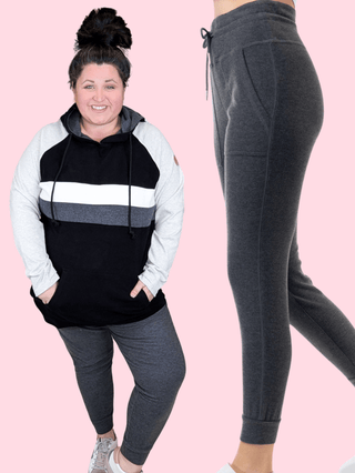 Nikki Fleece Jogger w/Pockets in Charcoal Gray-10- Bottoms Non-Denim-WHITE BIRCH-Styled by Stacked - A Plus Size Women's Boutique in Lakeville, MN