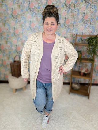 Nixie Open Knit Sweater Cardigan in Taupe-4- Overlayer Tops-WHITE BIRCH-Styled by Stacked - A Plus Size Women's Boutique in Lakeville, MN