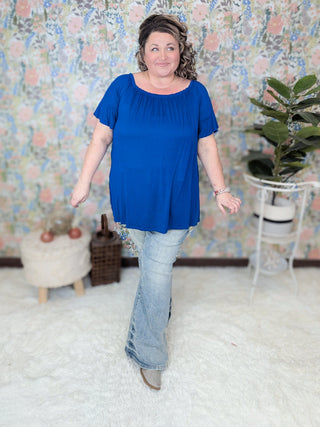 Noah Gathered Neck Short Sleeve Top in Cobalt Blue-1- ShortSlv/Slvless Tops-HEIMISH-Styled by Stacked - A Plus Size Women's Boutique in Lakeville, MN