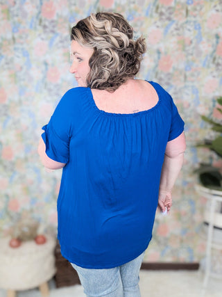 Noah Gathered Neck Short Sleeve Top in Cobalt Blue-1- ShortSlv/Slvless Tops-HEIMISH-Styled by Stacked - A Plus Size Women's Boutique in Lakeville, MN