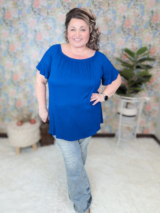 Noah Gathered Neck Short Sleeve Top in Cobalt Blue-1- ShortSlv/Slvless Tops-HEIMISH-Styled by Stacked - A Plus Size Women's Boutique in Lakeville, MN