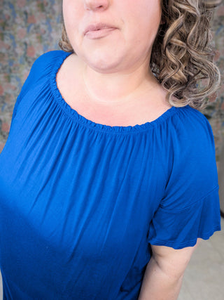 Noah Gathered Neck Short Sleeve Top in Cobalt Blue-1- ShortSlv/Slvless Tops-HEIMISH-Styled by Stacked - A Plus Size Women's Boutique in Lakeville, MN