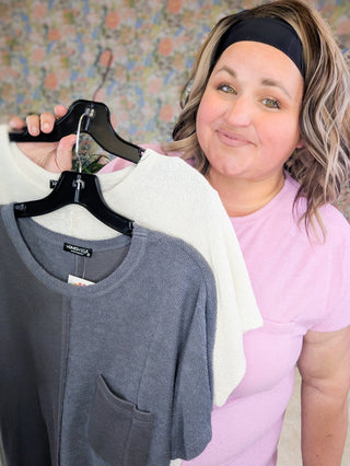 Noemi Reverse Textured Dolman Top w/Pocket (3 Colors)-1- ShortSlv/Slvless Tops-HEIMISH-Styled by Stacked - A Plus Size Women's Boutique in Lakeville, MN