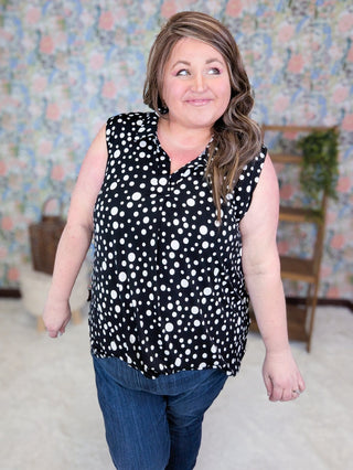 1- ShortSlv/Slvless Tops Nola Slitneck Collared Tank in Black + White Dots plus size clothing