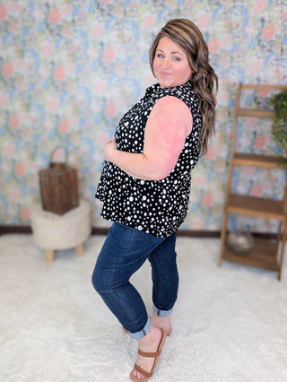1- ShortSlv/Slvless Tops Nola Slitneck Collared Tank in Black + White Dots plus size clothing