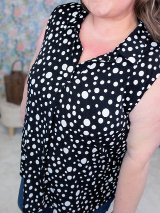 1- ShortSlv/Slvless Tops Nola Slitneck Collared Tank in Black + White Dots plus size clothing