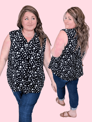 1- ShortSlv/Slvless Tops Nola Slitneck Collared Tank in Black + White Dots plus size clothing