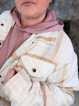 Norah Plaid Shacket in Neutral + Blush-4- Overlayer Tops-MICHELLE MAE-Styled by Stacked - A Plus Size Women's Boutique in Lakeville, MN
