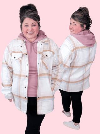 Norah Plaid Shacket in Neutral + Blush-4- Overlayer Tops-MICHELLE MAE-Styled by Stacked - A Plus Size Women's Boutique in Lakeville, MN