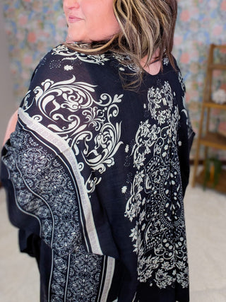 4- Overlayer Tops Nova Damask Kimono on Black plus size clothing