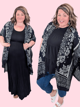 4- Overlayer Tops Nova Damask Kimono on Black plus size clothing
