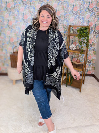 4- Overlayer Tops Nova Damask Kimono on Black plus size clothing