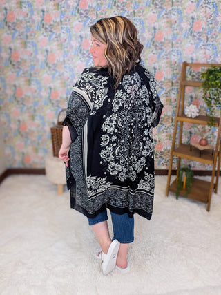 4- Overlayer Tops Nova Damask Kimono on Black plus size clothing