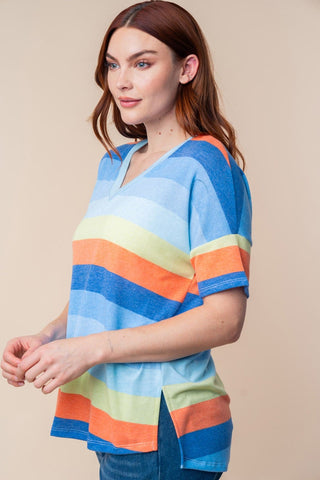 Nyla Retro Stripe Vneck Tee w/Side Slits-1- ShortSlv/Slvless Tops-WHITE BIRCH-Styled by Stacked - A Plus Size Women's Boutique in Lakeville, MN