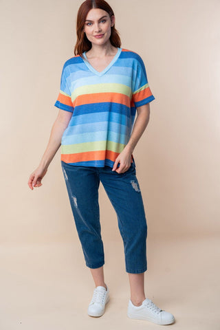 Nyla Retro Stripe Vneck Tee w/Side Slits-1- ShortSlv/Slvless Tops-WHITE BIRCH-Styled by Stacked - A Plus Size Women's Boutique in Lakeville, MN