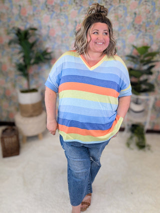 Nyla Retro Stripe Vneck Tee w/Side Slits-1- ShortSlv/Slvless Tops-WHITE BIRCH-Styled by Stacked - A Plus Size Women's Boutique in Lakeville, MN