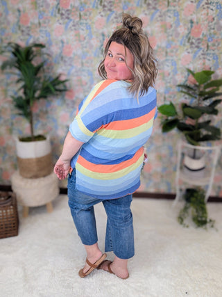 Nyla Retro Stripe Vneck Tee w/Side Slits-1- ShortSlv/Slvless Tops-WHITE BIRCH-Styled by Stacked - A Plus Size Women's Boutique in Lakeville, MN