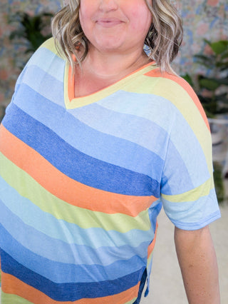 Nyla Retro Stripe Vneck Tee w/Side Slits-1- ShortSlv/Slvless Tops-WHITE BIRCH-Styled by Stacked - A Plus Size Women's Boutique in Lakeville, MN