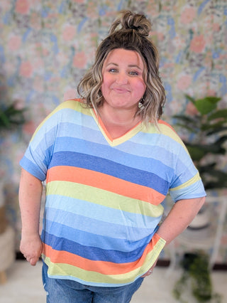 Nyla Retro Stripe Vneck Tee w/Side Slits-1- ShortSlv/Slvless Tops-WHITE BIRCH-Styled by Stacked - A Plus Size Women's Boutique in Lakeville, MN