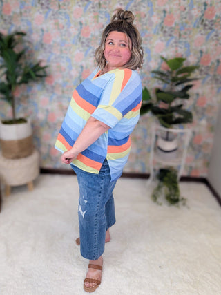 Nyla Retro Stripe Vneck Tee w/Side Slits-1- ShortSlv/Slvless Tops-WHITE BIRCH-Styled by Stacked - A Plus Size Women's Boutique in Lakeville, MN