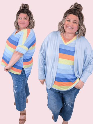 Nyla Retro Stripe Vneck Tee w/Side Slits-1- ShortSlv/Slvless Tops-WHITE BIRCH-Styled by Stacked - A Plus Size Women's Boutique in Lakeville, MN