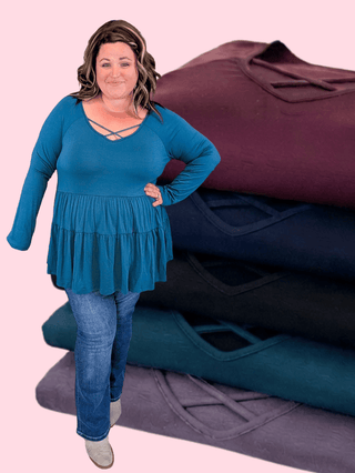 2- Long Sleeve Tops Oaklynn Long Sleeve Babydoll w/Strappy Detail plus size clothing