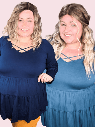 Oaklynn Solid Tiered Top w/Strappy Detail (5 colors)-2- Long Sleeve Tops-BE STAGE-Styled by Stacked - A Plus Size Women's Boutique in Lakeville, MN