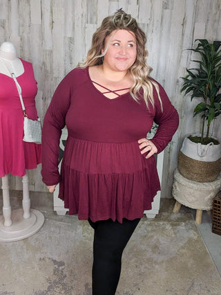 Oaklynn Solid Tiered Top w/Strappy Detail (5 colors)-2- Long Sleeve Tops-BE STAGE-Styled by Stacked - A Plus Size Women's Boutique in Lakeville, MN