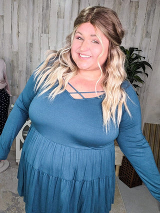 Oaklynn Solid Tiered Top w/Strappy Detail (5 colors)-2- Long Sleeve Tops-BE STAGE-Styled by Stacked - A Plus Size Women's Boutique in Lakeville, MN