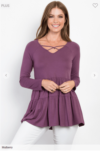 Oaklynn Solid Tiered Top w/Strappy Detail (5 colors)-2- Long Sleeve Tops-BE STAGE-Styled by Stacked - A Plus Size Women's Boutique in Lakeville, MN