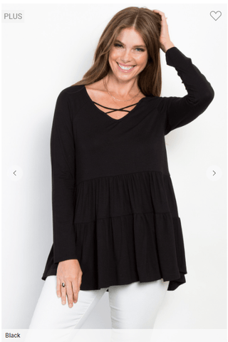 Oaklynn Solid Tiered Top w/Strappy Detail (5 colors)-2- Long Sleeve Tops-BE STAGE-Styled by Stacked - A Plus Size Women's Boutique in Lakeville, MN